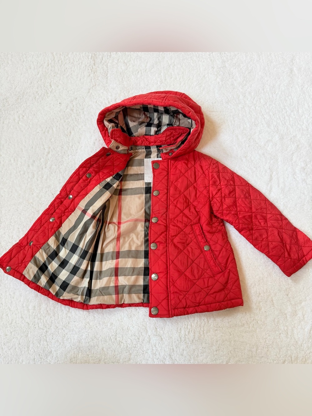 Burberry Toddler Girls Puffer Jacket 2T Nova Check Berry Red Horse Hooded Kids
